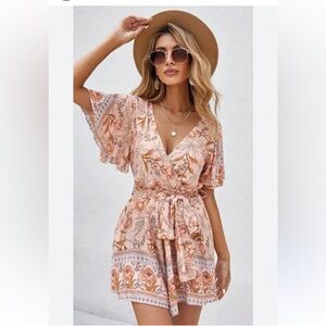 SHEIN Tan Flutter Sleeve V-Neck Sundress